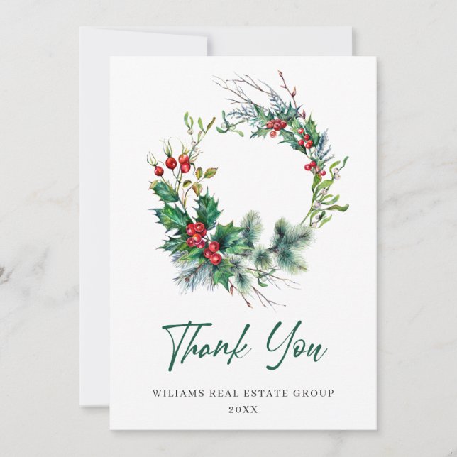 Holly Berry Wreath Christmas Greeting Holiday Thank You Card (Front)