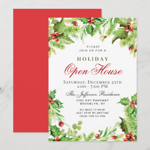 Holly Berry Wreath Christmas Holiday OPEN HOUSE Invitation