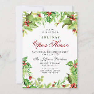 Holly Berry Wreath Christmas Holiday OPEN HOUSE Invitation