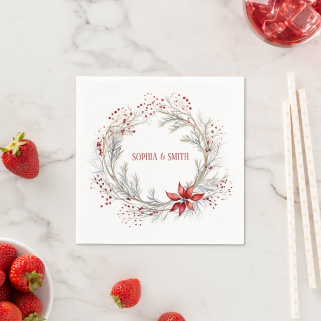 Holly Berry Wreath Christmas Wedding Napkin (Insitu)