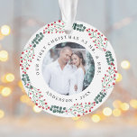 Holly Berry Wreath First Christmas Wedding Photo Ornament<br><div class="desc">Festive, elegant newlywed Christmas ornament featuring 2 of your favourite wedding photos encircled by a wreath of holly berries, green eucalyptus, and white flowers with a white background. The ornament features "Our First Christmas as Mr. & Mrs." in black text on the front and back. Personalise the ornament by adding...</div>