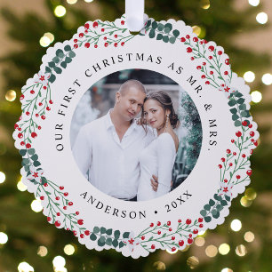 Holly Berry Wreath First Christmas Wedding Photo Tree Decoration Card