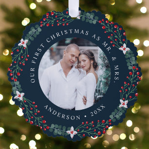 Holly Berry Wreath First Christmas Wedding Photo Tree Decoration Card