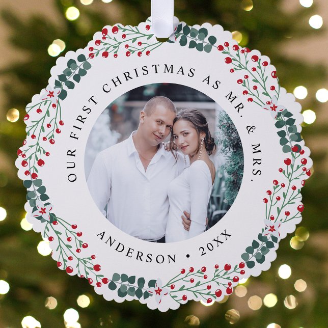 Holly Berry Wreath First Christmas Wedding Photo Tree Decoration Card (Creator Uploaded)