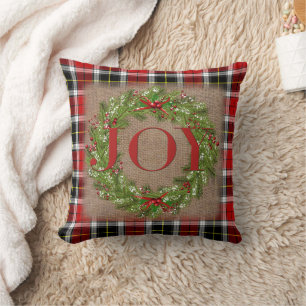 Holly Berry Wreath JOY Plaid Burlap Christmas Cushion