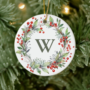 Holly Berry Wreath Monogram  Ceramic Ornament