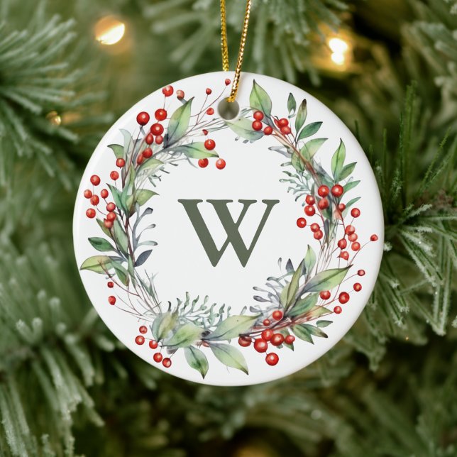 Holly Berry Wreath Monogram  Ceramic Ornament (Creator Uploaded)