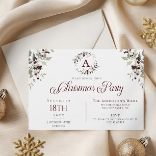 Holly Berry Wreath Monogram Christmas Party Invitation