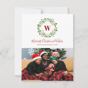 Holly Berry Wreath Monogram Holiday Photo Card