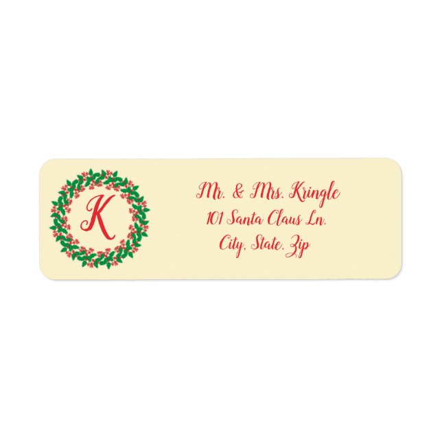 Holly Berry Wreath Monogram Return Address Label (Front)