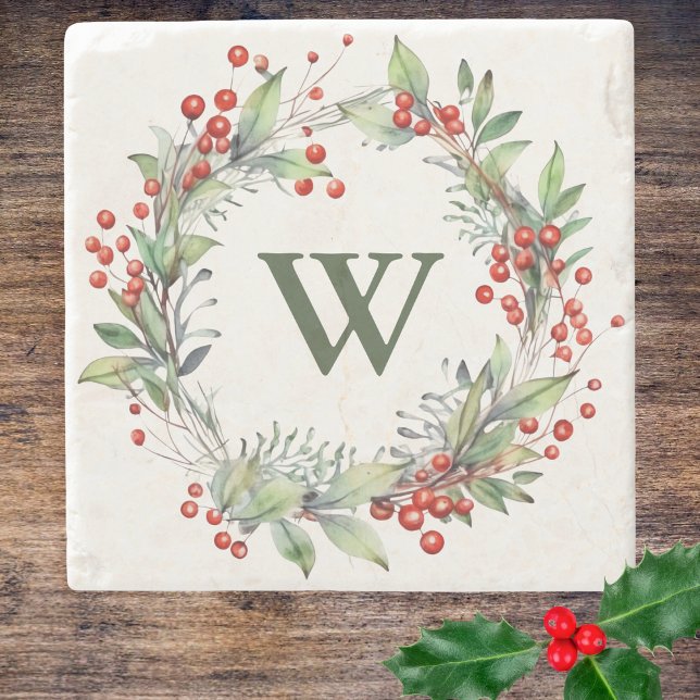 Holly Berry Wreath Monogram  Stone Coaster (Creator Uploaded)