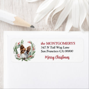 Holly Berry Wreath Papillon Dog Christmas Return Address Label