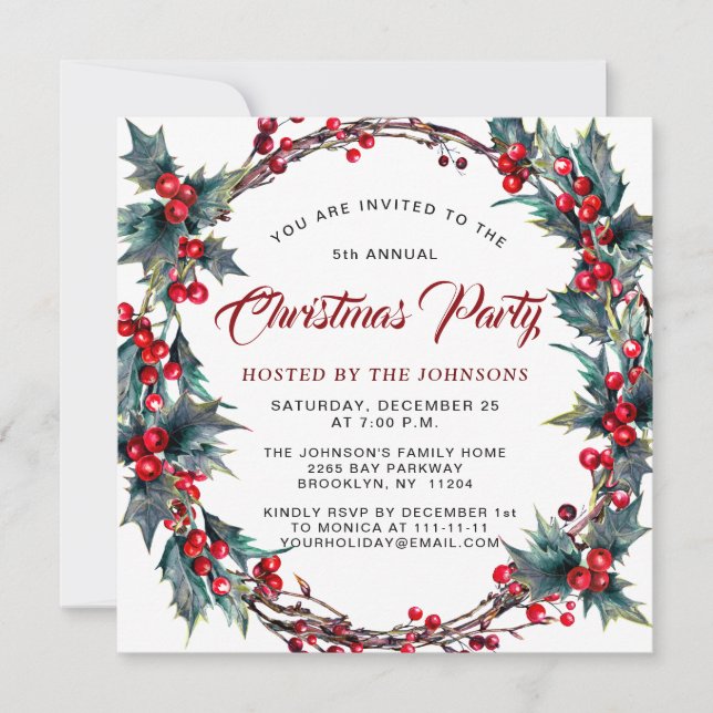Holly Berry Wreath Watercolor Christmas Party Invitation (Front)