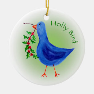 Holly Bird with Green background Ceramic Tree Decoration