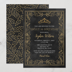 Holly Black Gold Princess Tiara Sweet 16 Birthday Invitation