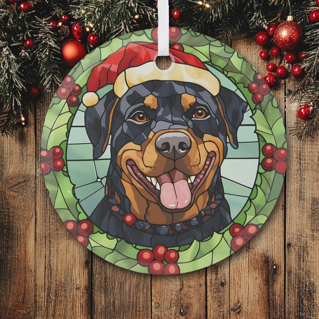 Holly Border Santa Rottweiler Dog Christmas Glass Tree Decoration (Creator Uploaded)