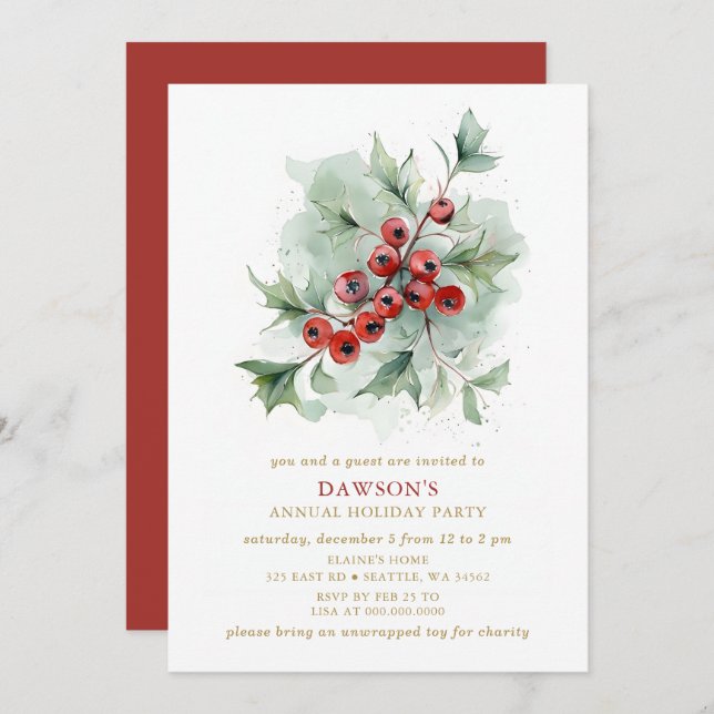 Holly Botanical Corporate Christmas Party  Invitation (Front/Back)