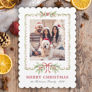 Holly Bow Greenery 1 Photo Family Christmas Holiday Card