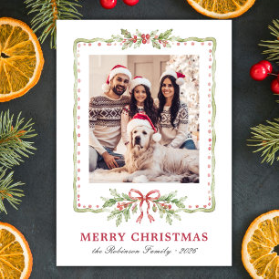 Holly Bow Watercolor 1 Photo Family Christmas Holiday Card