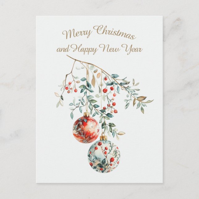 Holly Branch Christmas Ornaments Watercolor Card (Front)