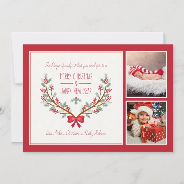 Holly Branches 2 Photo Holiday Card (Front)