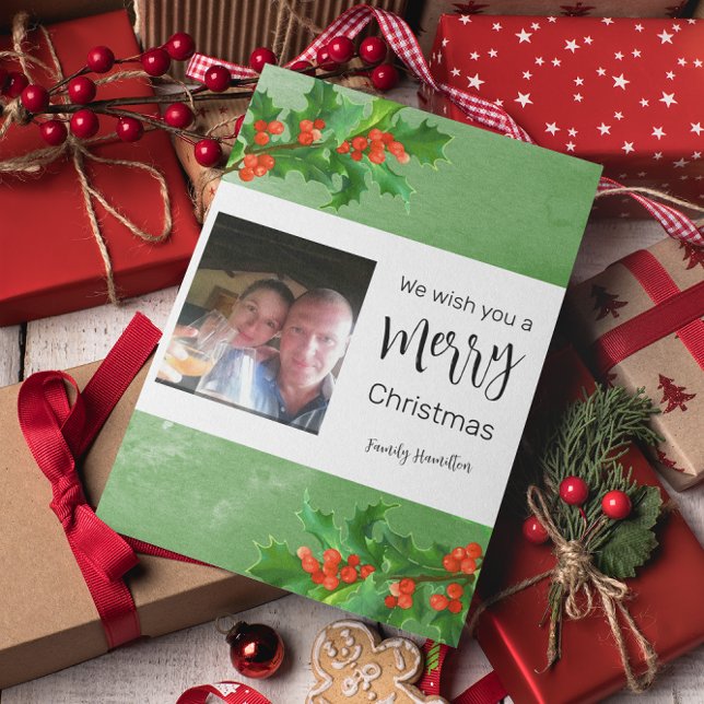 Holly Branches Merry Christmas Flat Holiday Card (Creator Uploaded)