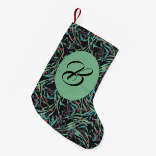 Holly branches on black. Custom with the name. Small Christmas Stocking