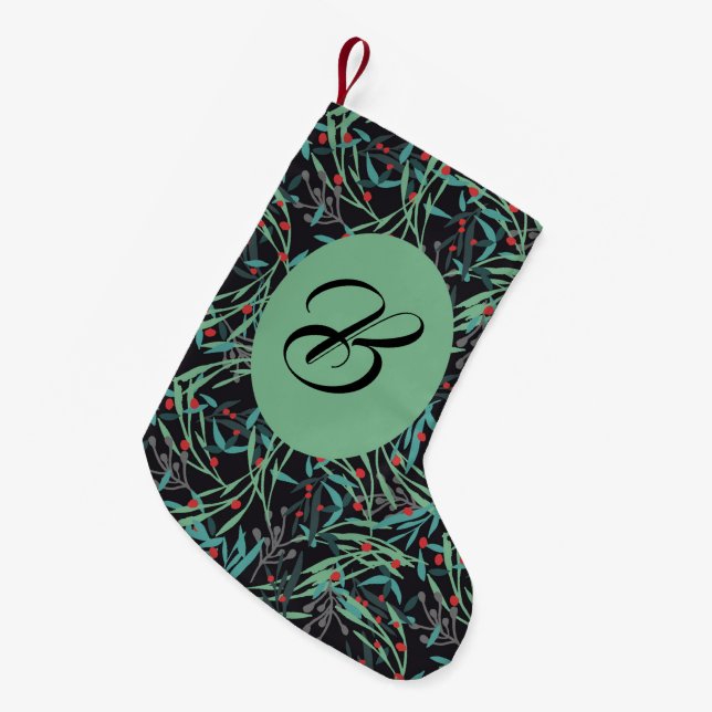 Holly branches on black. Custom with the name. Small Christmas Stocking (Front (Hanging))