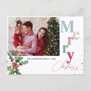 Holly Branches one family photo Christmas  Holiday Postcard