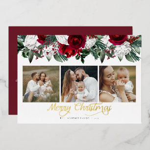 HOLLY Burgundy Floral Photo Gold Foil Holiday Card