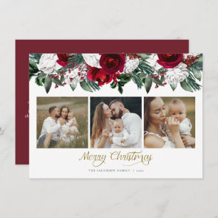 HOLLY Burgundy Floral Pine Photo Christmas Card
