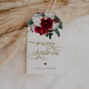 HOLLY Burgundy Gold Floral Merry Christmas Gift Tags