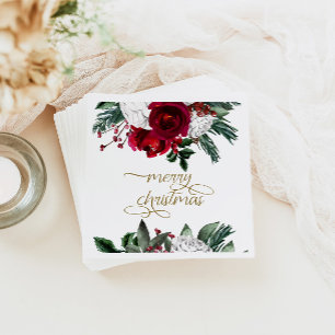 HOLLY Burgundy Gold Floral Merry Christmas Napkin