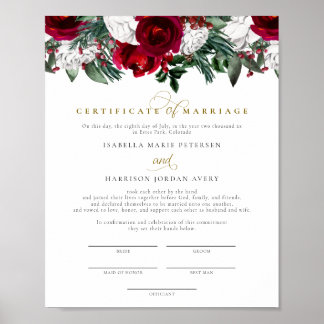 HOLLY Burgundy Winter Floral Marriage Certificate Poster