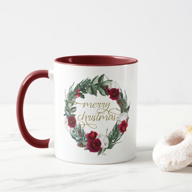 HOLLY Burgundy Winter Floral Merry Christmas Mug (With Donut)