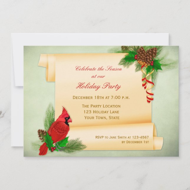 Holly, Cardinal, Parchment Scroll Party Invitation (Front)