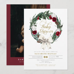 HOLLY Christmas Burgundy Floral Photo Baby Shower Invitation