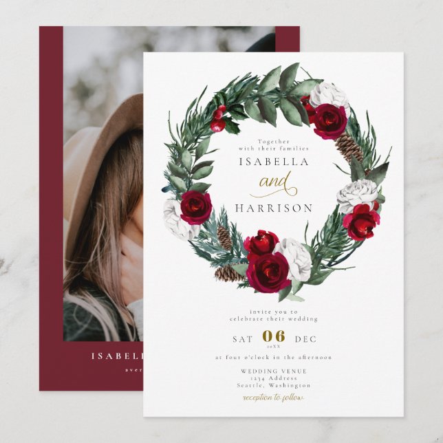 HOLLY Christmas Burgundy Floral Photo Wedding Invitation (Front/Back)