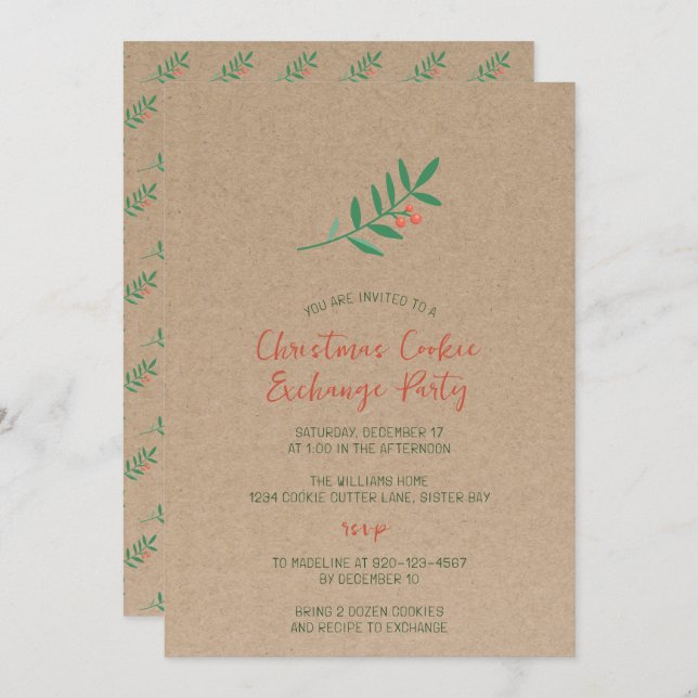 Holly Christmas Cookie Exchange Kraft Party  Invitation (Front/Back)