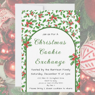 Holly Christmas Cookie Exchange Red and Green Invitation