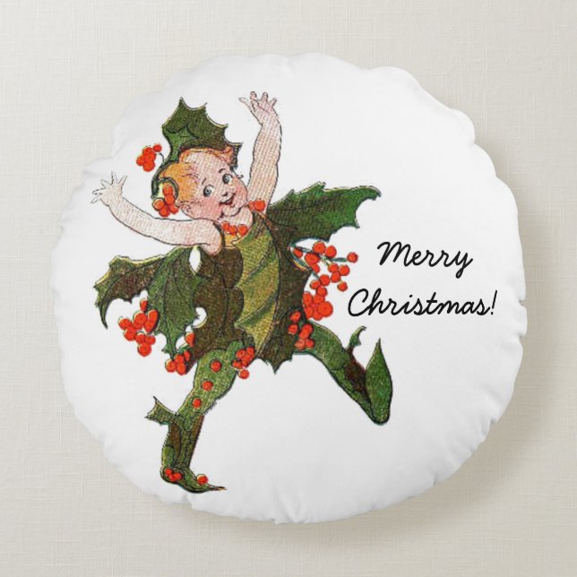 Holly Christmas Flower Child Cute Funny Floral Round Cushion (Front)