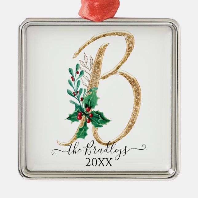 Holly Christmas Gold Glitter Family Monogram B Metal Ornament (Front)