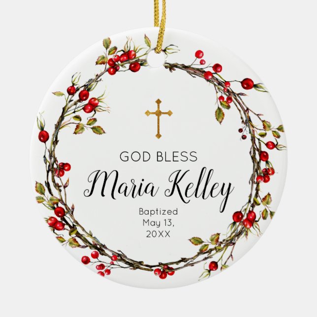 Holly christmas Personalized Girl Baptism Ornament (Front)