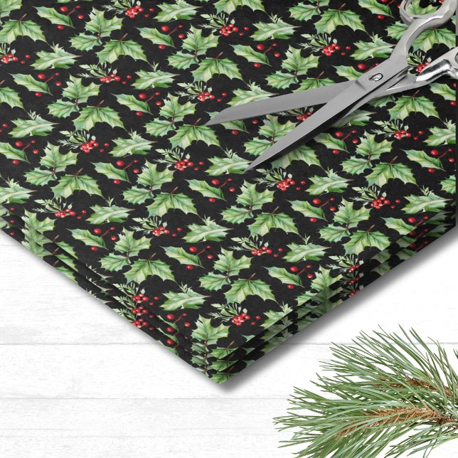 Holly Christmas Tissue Paper (Modern Festive Black Holly Berries Christmas Tissue Paper)