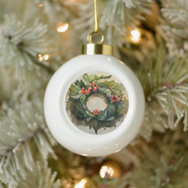 Holly Christmas wreath Ceramic Ball Christmas Ornament (Tree)
