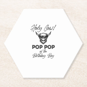 Holly Cow Pop Pop Of The Birthday Boy Highland Cow Paper Coaster