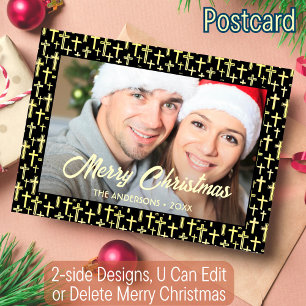 Holly Cross Family Photo Christmas Religious Faith Holiday Postcard