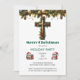 Holly Cross with Evergreen Christmas Invitation