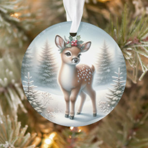 Holly-Crowned Fawn in Frosted Pines Ornament