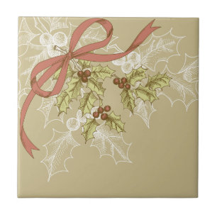 Holly-Day Sketch Holly Berries and Leaves Ceramic Tile
